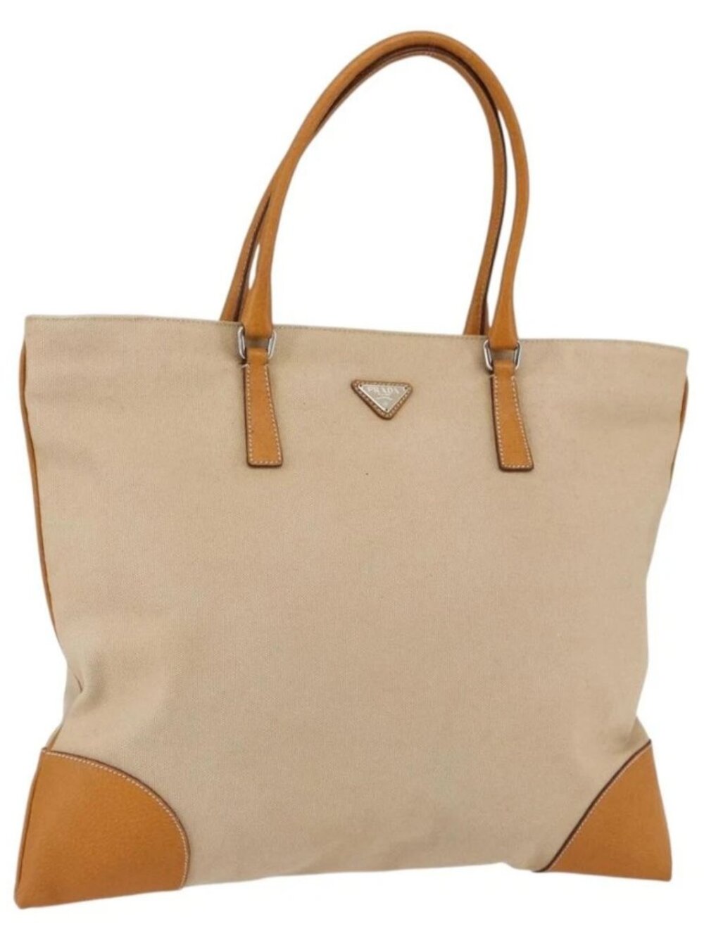 PRADA Hand Bag Canvas Beige Silver Auth kk627